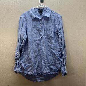 Jones & Co Womens M 100% Linen Popover Long Sleeve Tunic Top Blue Roll‎ Tab